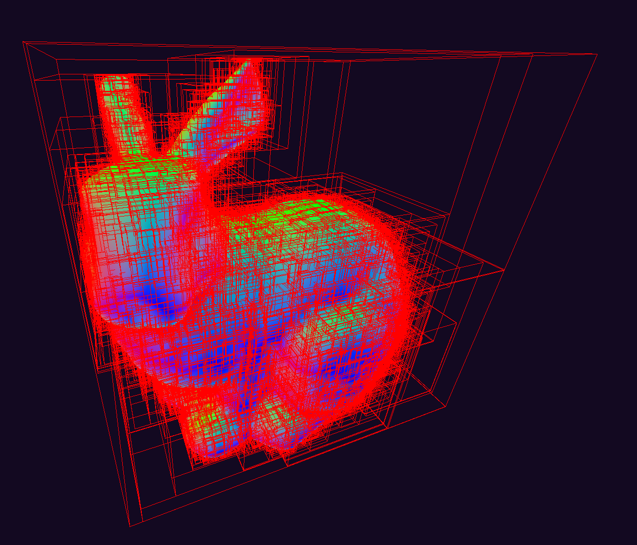 Stanford bunny containd within lots of BVH boxes.