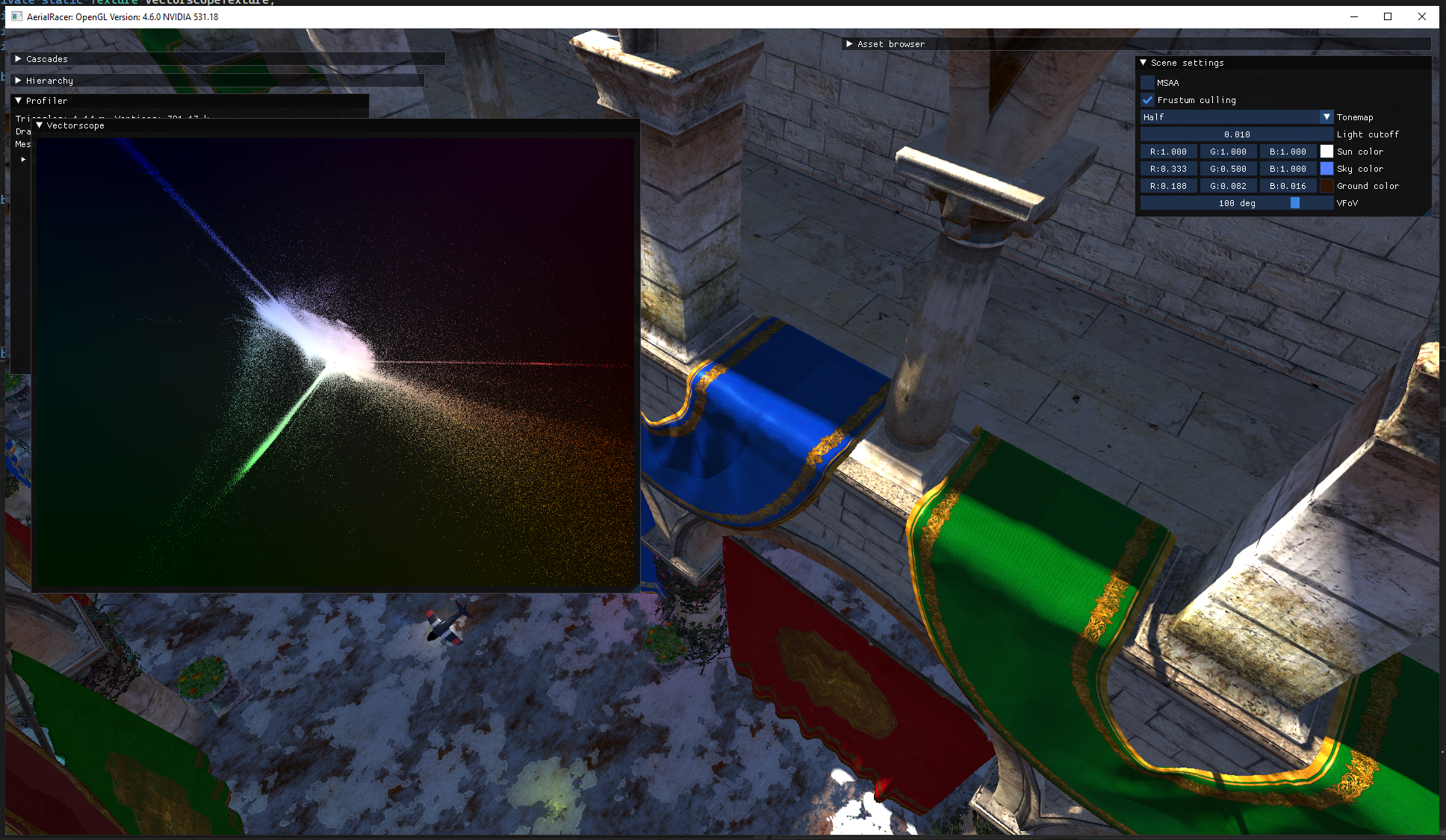 Vectorscope visualization of colors in the scene